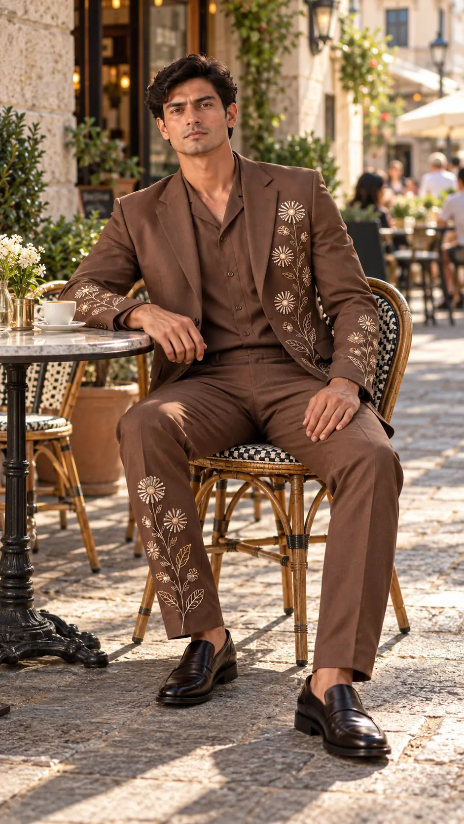 chocolate brown men’s suit, brown wedding suit men, floral embroidered men’s suit, luxury brown suit, embroidered wedding suit, designer suit men, 2 piece men’s suit, wedding guest suit men