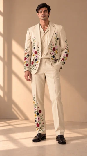 cream wedding suit men, cream groom suit, multicolor floral suit, luxury embroidered men’s suit, designer wedding suit, ivory floral suit men, 2 piece men’s suit, wedding guest suit men.