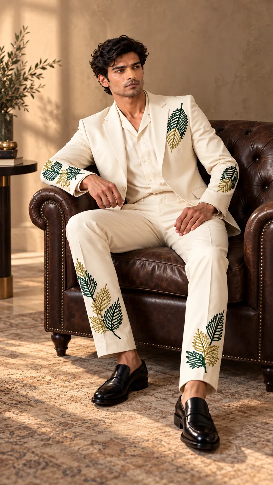 ivory wedding suit men, botanical wedding suit men, embroidered groom suit, luxury men’s wedding suit, green gold embroidered suit, leaf embroidered men’s suit, designer wedding suit men, 2 piece men’s suit