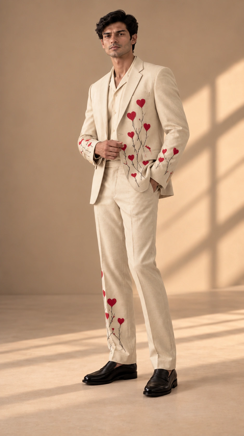 ivory wedding suit men, red heart suit men, embroidered groom suit, luxury men’s suit, ivory groom outfit, designer wedding suit men, cream embroidered suit.