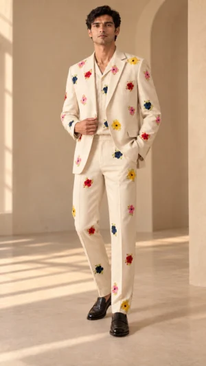 ivory men’s suit, ivory wedding suit men, floral wedding suit men, luxury embroidered men’s suit, designer wedding suit men, multicolor floral suit, groom suit men, wedding guest suit men