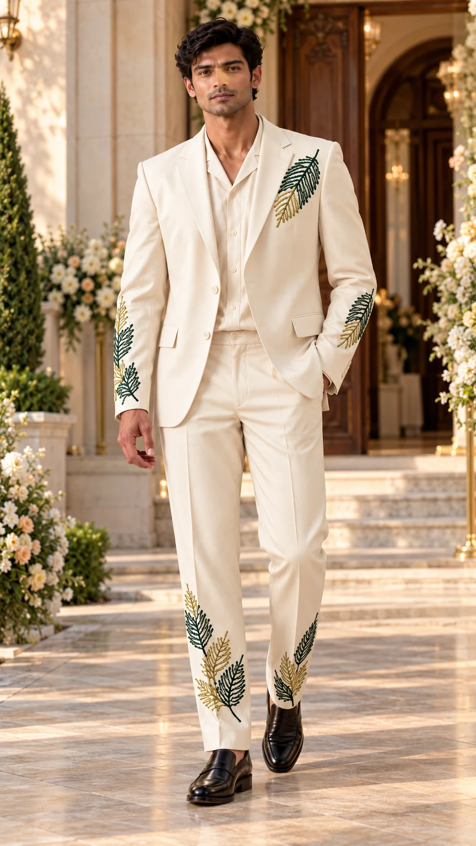 ivory wedding suit men, botanical wedding suit men, embroidered groom suit, luxury men’s wedding suit, green gold embroidered suit, leaf embroidered men’s suit, designer wedding suit men, 2 piece men’s suit