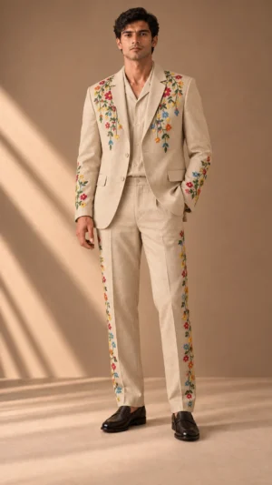 ivory men’s suit, ivory wedding suit men, floral wedding suit men, luxury embroidered men’s suit, designer wedding suit men, multicolor floral suit, 2 piece men’s suit, wedding guest suit men