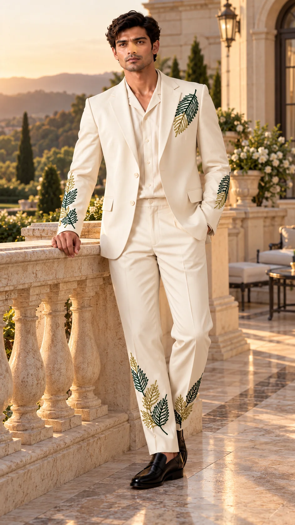 ivory wedding suit men, botanical wedding suit men, embroidered groom suit, luxury men’s wedding suit, green gold embroidered suit, leaf embroidered men’s suit, designer wedding suit men, 2 piece men’s suit