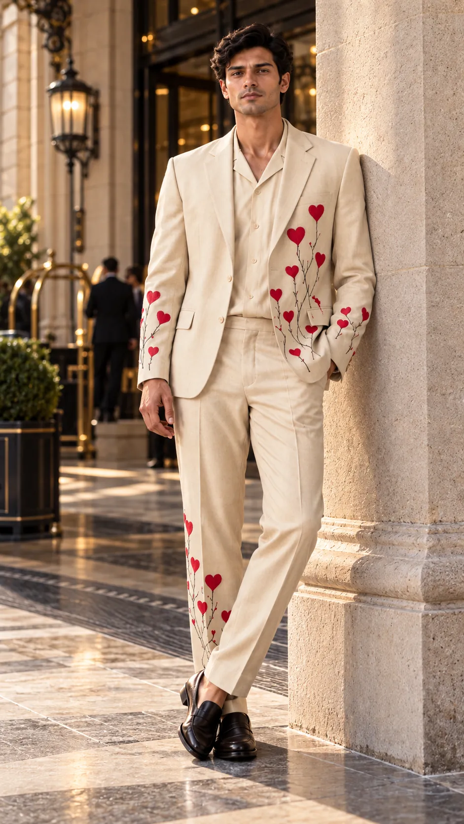 ivory wedding suit men, red heart suit men, embroidered groom suit, luxury men’s suit, ivory groom outfit, designer wedding suit men, cream embroidered suit.