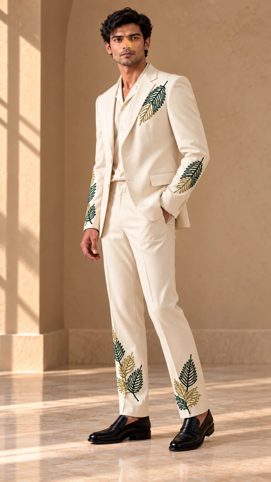 ivory wedding suit men, botanical wedding suit men, embroidered groom suit, luxury men’s wedding suit, green gold embroidered suit, leaf embroidered men’s suit, designer wedding suit men, 2 piece men’s suit