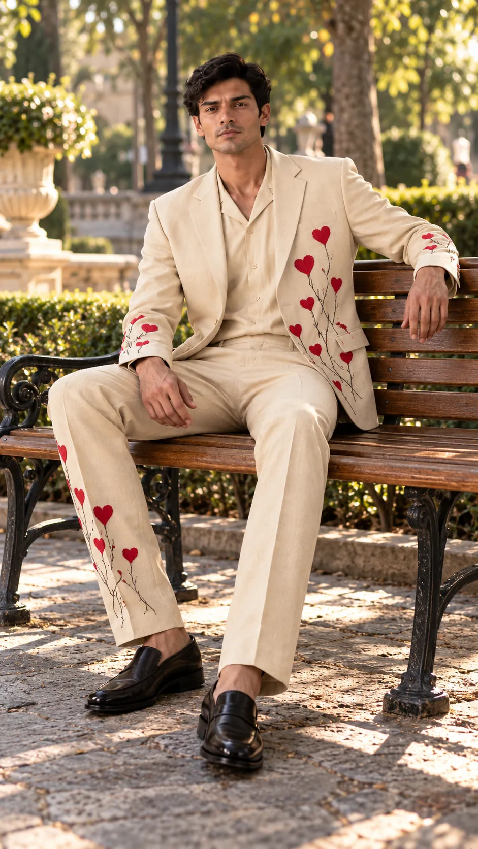 ivory wedding suit men, red heart suit men, embroidered groom suit, luxury men’s suit, ivory groom outfit, designer wedding suit men, cream embroidered suit.