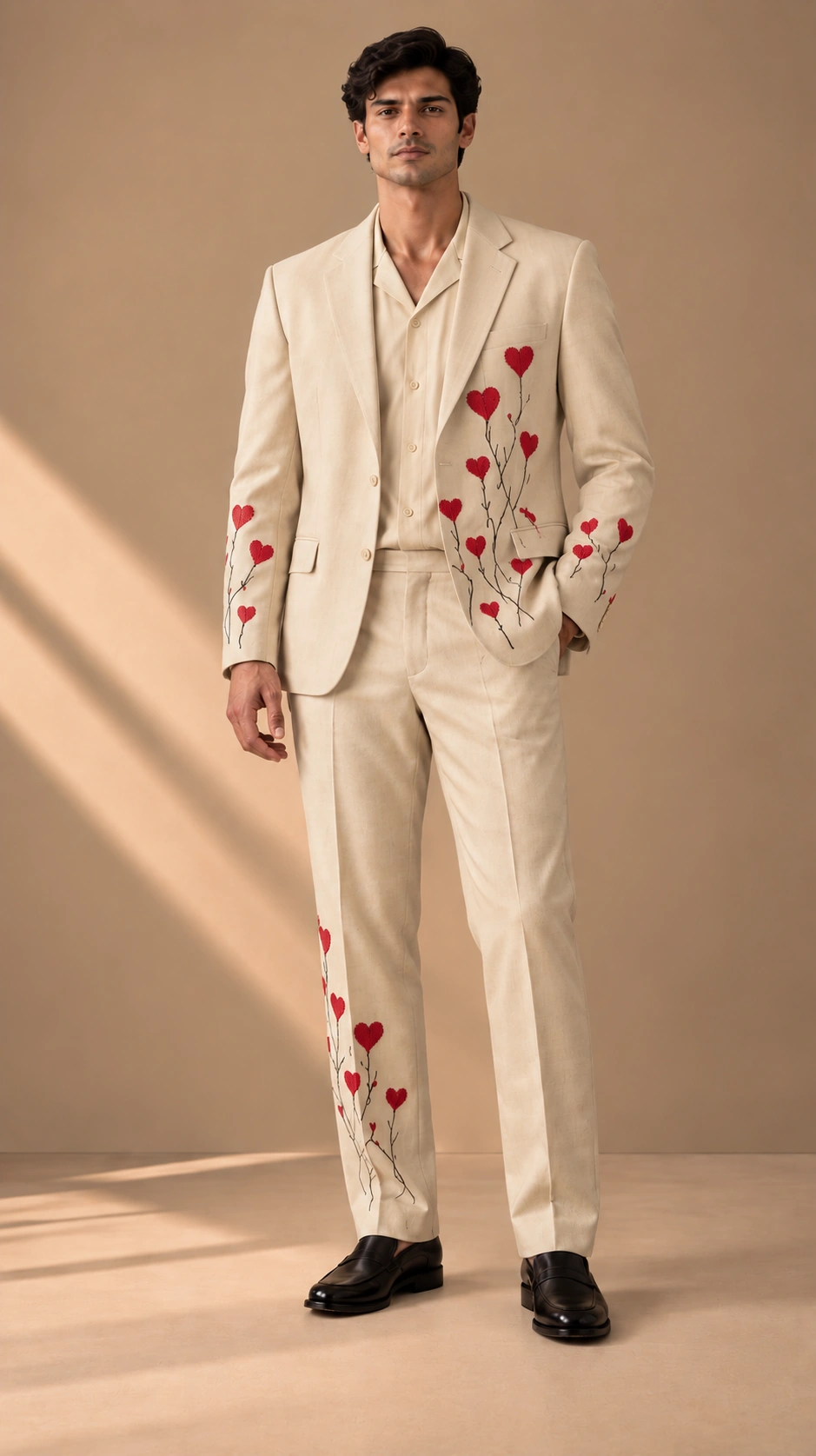 ivory wedding suit men, red heart suit men, embroidered groom suit, luxury men’s suit, ivory groom outfit, designer wedding suit men, cream embroidered suit.