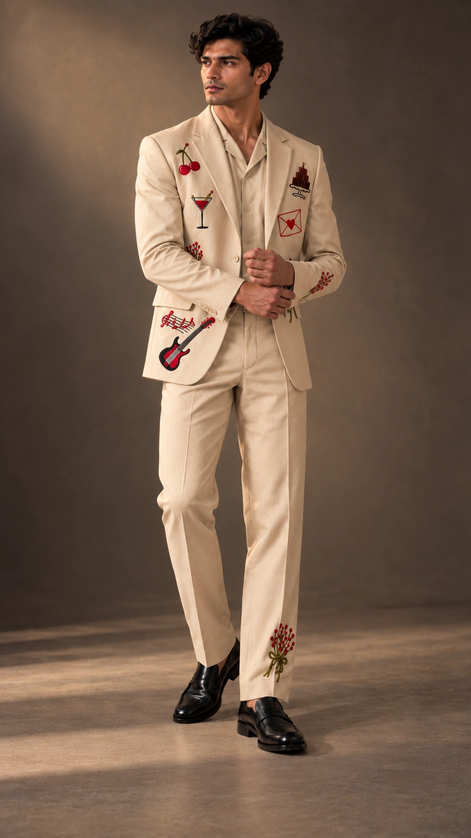 ivory wedding suit men, artistic men’s suit, hand embroidered men’s suit, luxury men’s suit, embroidered groom suit, designer wedding suit men, ivory 2 piece suit, cocktail suit men
