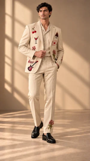 ivory wedding suit men, artistic men’s suit, hand embroidered men’s suit, luxury men’s suit, embroidered groom suit, designer wedding suit men, ivory 2 piece suit, cocktail suit men