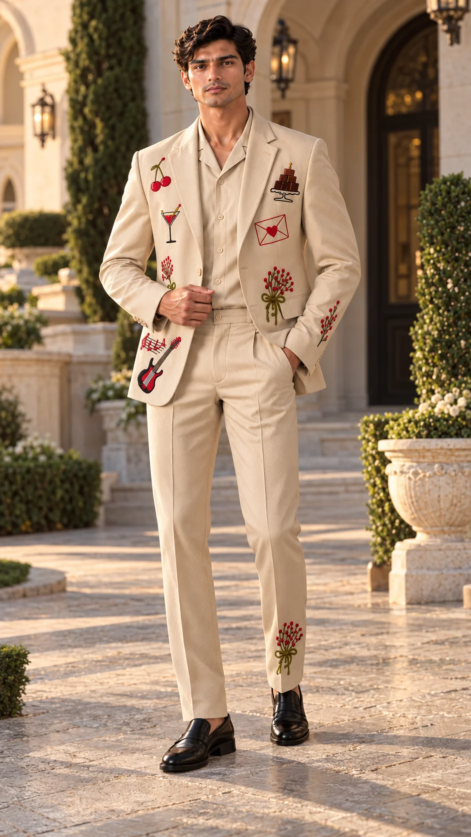 ivory wedding suit men, artistic men’s suit, hand embroidered men’s suit, luxury men’s suit, embroidered groom suit, designer wedding suit men, ivory 2 piece suit, cocktail suit men
