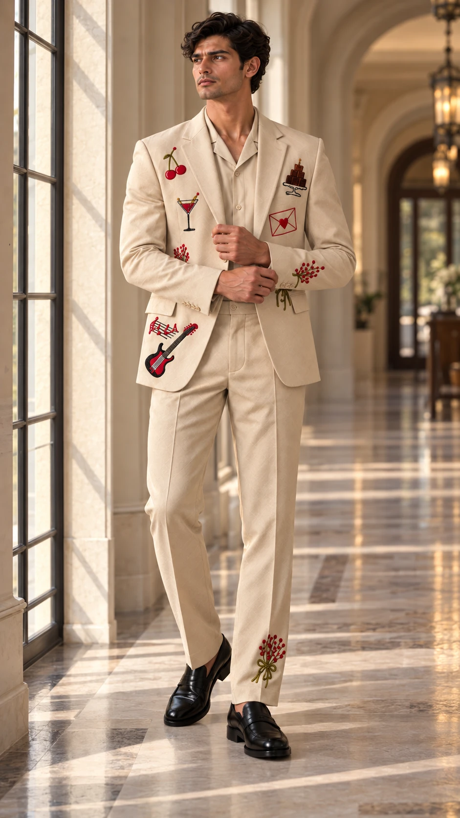 ivory wedding suit men, artistic men’s suit, hand embroidered men’s suit, luxury men’s suit, embroidered groom suit, designer wedding suit men, ivory 2 piece suit, cocktail suit men