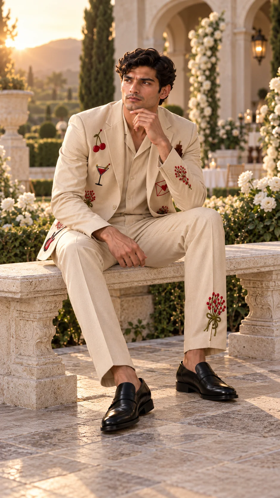 ivory wedding suit men, artistic men’s suit, hand embroidered men’s suit, luxury men’s suit, embroidered groom suit, designer wedding suit men, ivory 2 piece suit, cocktail suit men