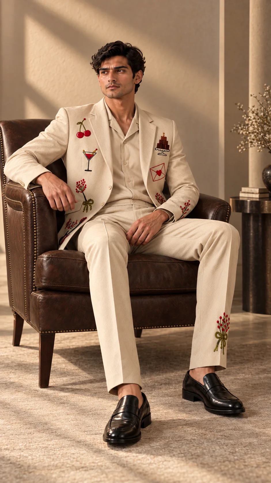 ivory wedding suit men, artistic men’s suit, hand embroidered men’s suit, luxury men’s suit, embroidered groom suit, designer wedding suit men, ivory 2 piece suit, cocktail suit men