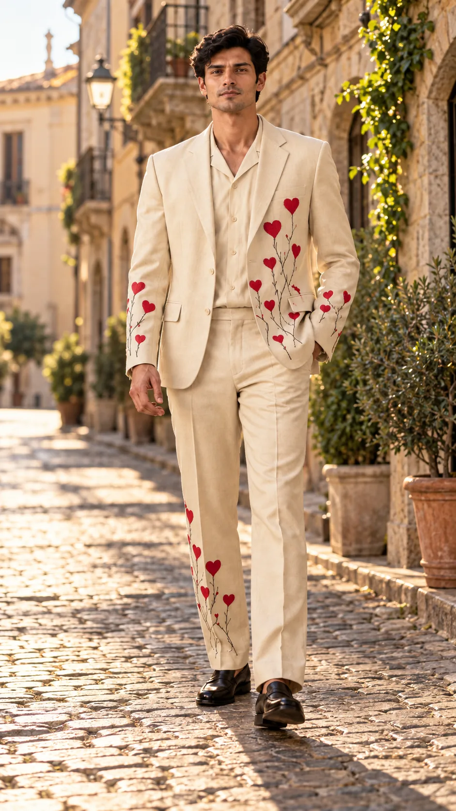 ivory wedding suit men, red heart suit men, embroidered groom suit, luxury men’s suit, ivory groom outfit, designer wedding suit men, cream embroidered suit.