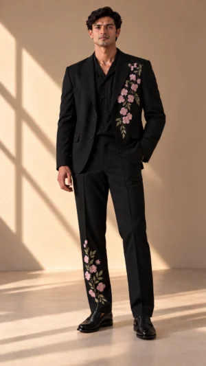 black wedding suit men, pink floral embroidered suit, black suit with pink flowers, luxury men’s suit, floral wedding suit men, designer embroidered suit, 2 piece men’s suit, wedding guest suit men.