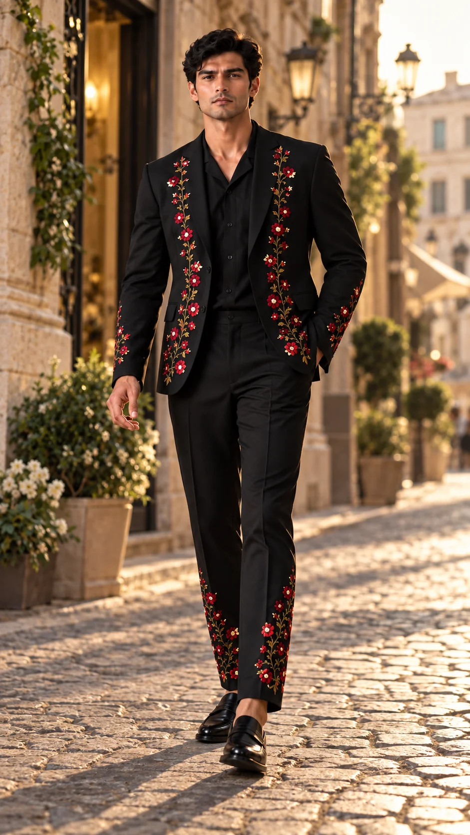 black embroidered men’s suit, black wedding suit men, luxury black suit, floral Resham suit, embroidered wedding suit, designer suit men, 2 piece men’s suit, wedding guest suit men