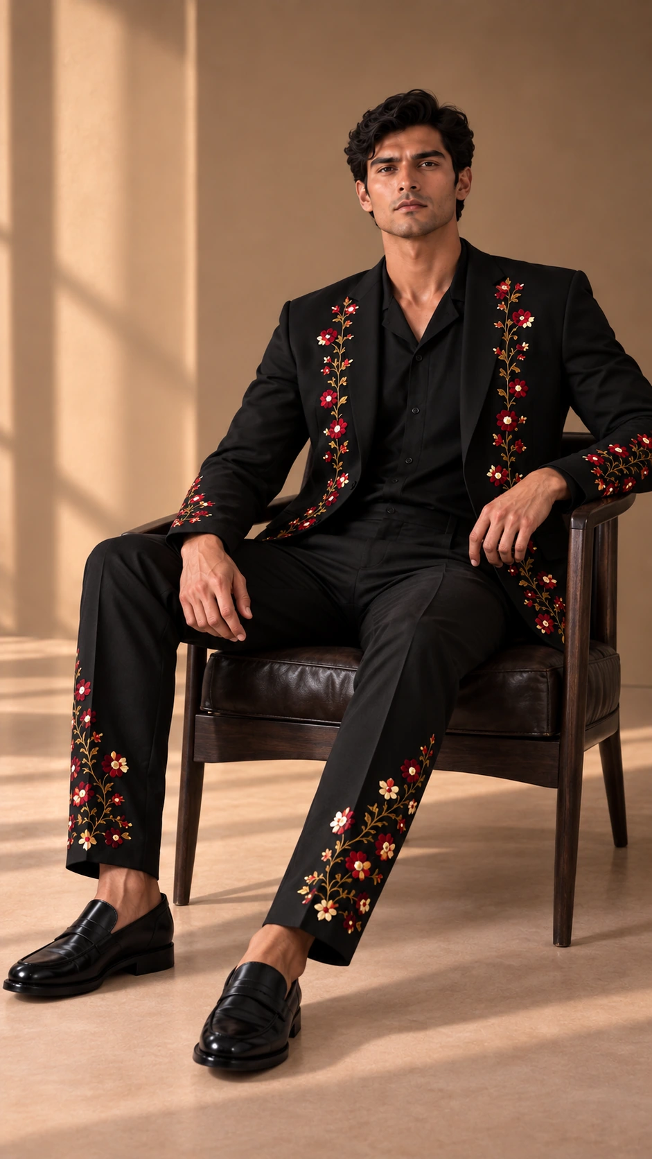 black embroidered men’s suit, black wedding suit men, luxury black suit, floral Resham suit, embroidered wedding suit, designer suit men, 2 piece men’s suit, wedding guest suit men