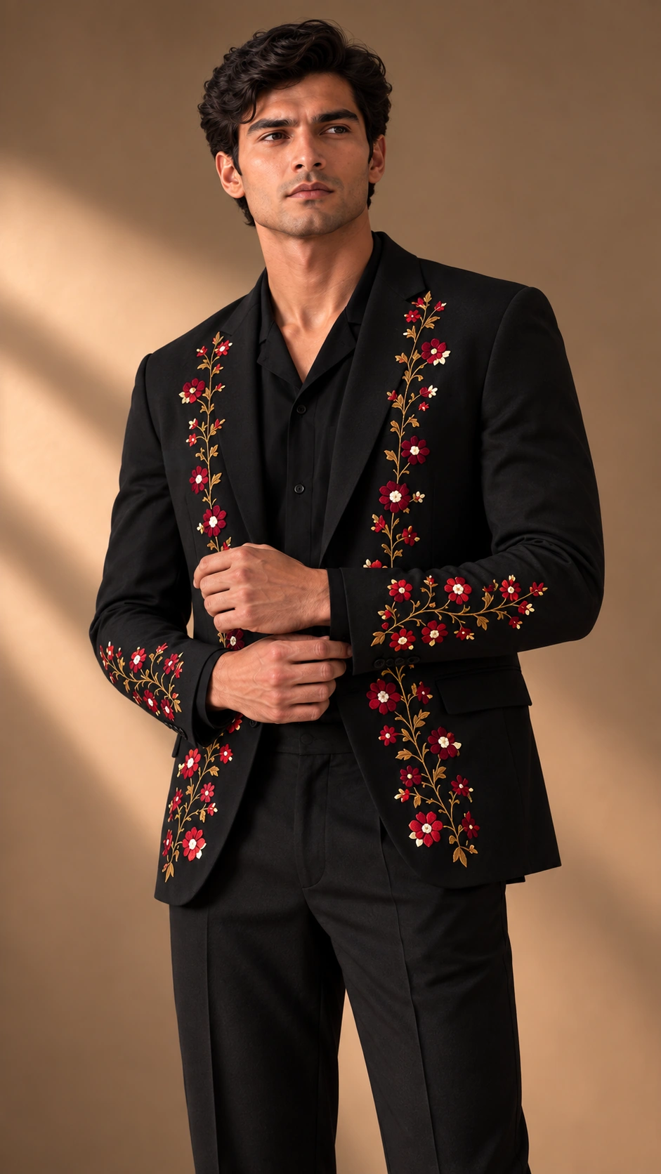 black embroidered men’s suit, black wedding suit men, luxury black suit, floral Resham suit, embroidered wedding suit, designer suit men, 2 piece men’s suit, wedding guest suit men