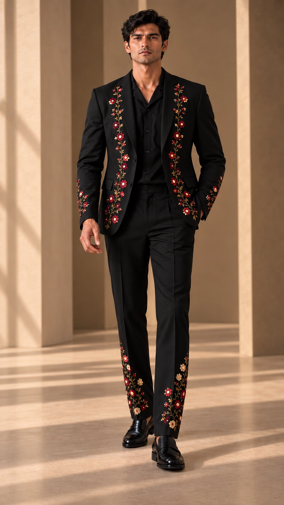 black embroidered men’s suit, black wedding suit men, luxury black suit, floral Resham suit, embroidered wedding suit, designer suit men, 2 piece men’s suit, wedding guest suit men