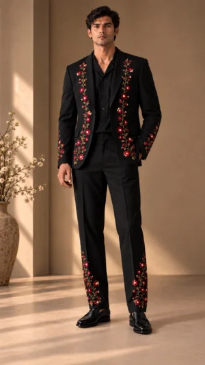 black embroidered men’s suit, black wedding suit men, luxury black suit, floral Resham suit, embroidered wedding suit, designer suit men, 2 piece men’s suit, wedding guest suit men