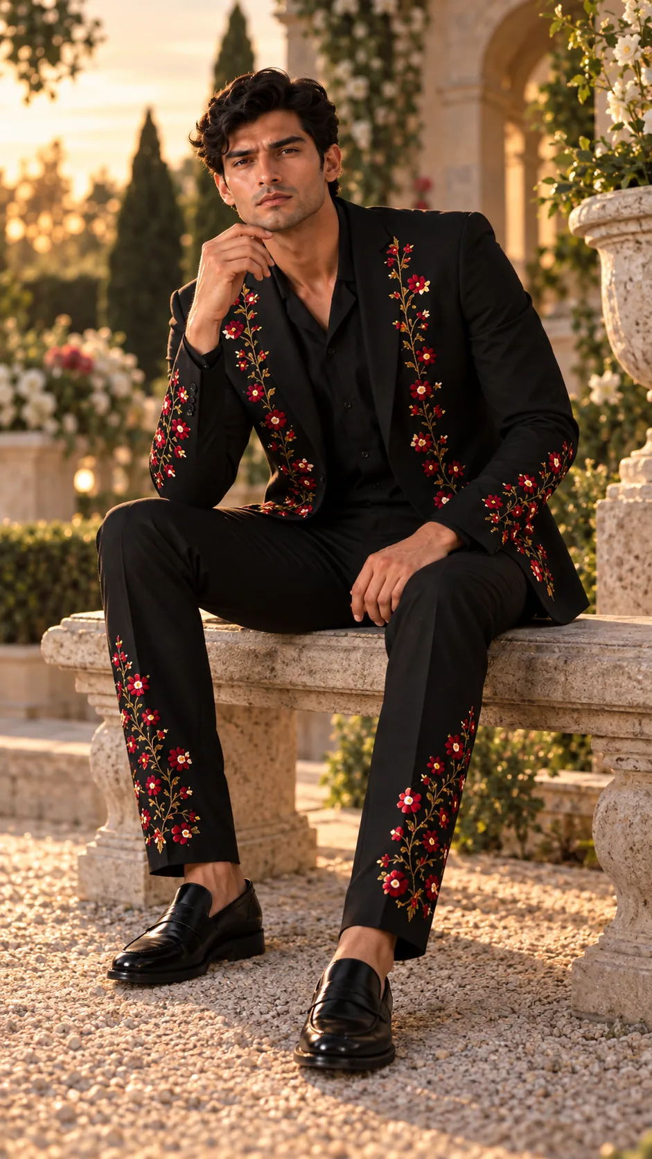 black embroidered men’s suit, black wedding suit men, luxury black suit, floral Resham suit, embroidered wedding suit, designer suit men, 2 piece men’s suit, wedding guest suit men