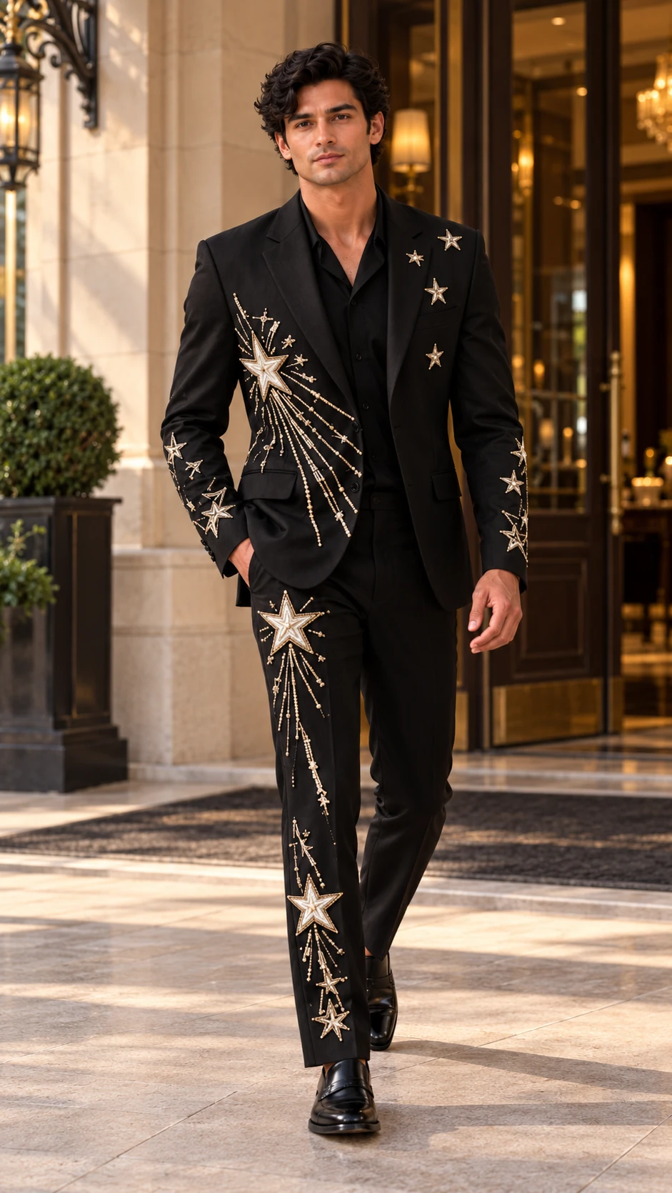 black embroidered men’s suit, black wedding suit men, star embroidered suit, celestial men’s suit, luxury black suit, designer wedding suit men, 2 piece men’s suit, groom suit men, statement suit men