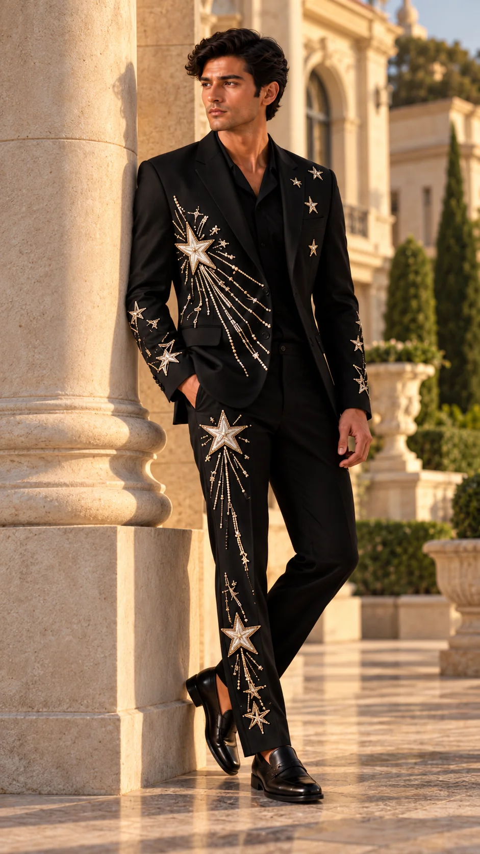 black embroidered men’s suit, black wedding suit men, star embroidered suit, celestial men’s suit, luxury black suit, designer wedding suit men, 2 piece men’s suit, groom suit men, statement suit men