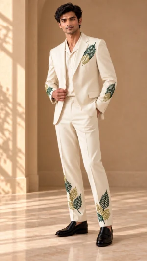 ivory wedding suit men, botanical wedding suit men, embroidered groom suit, luxury men’s wedding suit, green gold embroidered suit, leaf embroidered men’s suit, designer wedding suit men, 2 piece men’s suit