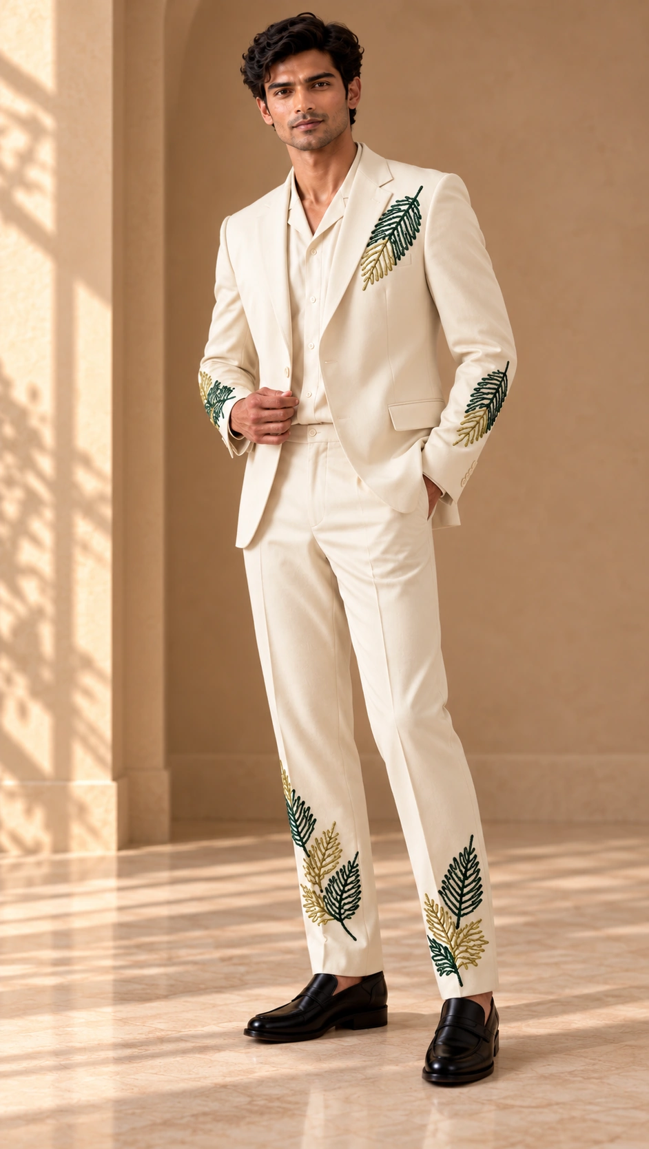 ivory wedding suit men, botanical wedding suit men, embroidered groom suit, luxury men’s wedding suit, green gold embroidered suit, leaf embroidered men’s suit, designer wedding suit men, 2 piece men’s suit