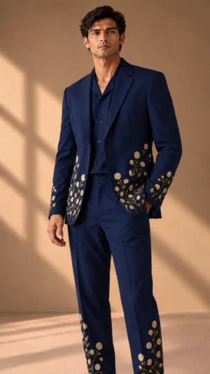 navy men’s suit, navy wedding suit men, luxury navy suit, floral embroidered men’s suit, embroidered wedding suit, designer men’s suit, 2 piece men’s suit, wedding guest suit men