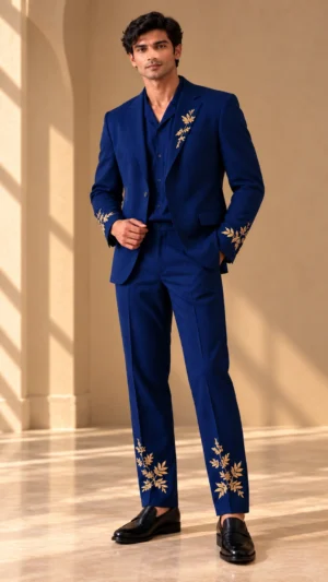 navy wedding suit men, gold embroidered men’s suit, botanical embroidered suit, navy groom suit, luxury men’s wedding suit, gold botanical suit men, designer navy suit, 2 piece men’s suit