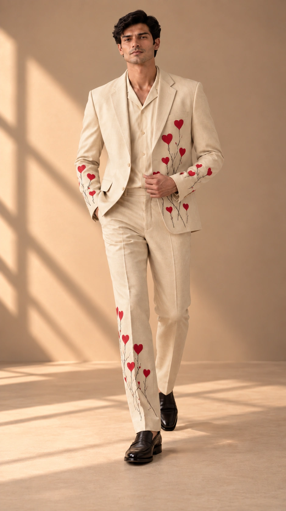 ivory wedding suit men, red heart suit men, embroidered groom suit, luxury men’s suit, ivory groom outfit, designer wedding suit men, cream embroidered suit.