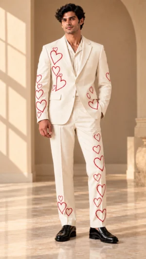 ivory wedding suit men, red heart suit men, heart embroidered suit, luxury groom suit, hand embroidered men’s suit, red embroidered wedding suit, designer men’s suit, 2 piece men’s wedding suit