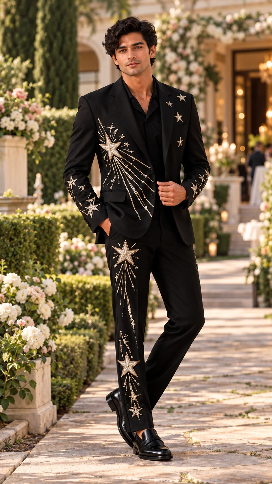 black embroidered men’s suit, black wedding suit men, star embroidered suit, celestial men’s suit, luxury black suit, designer wedding suit men, 2 piece men’s suit, groom suit men, statement suit men